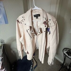 Cream pleather motorcycle jacket with embroidery